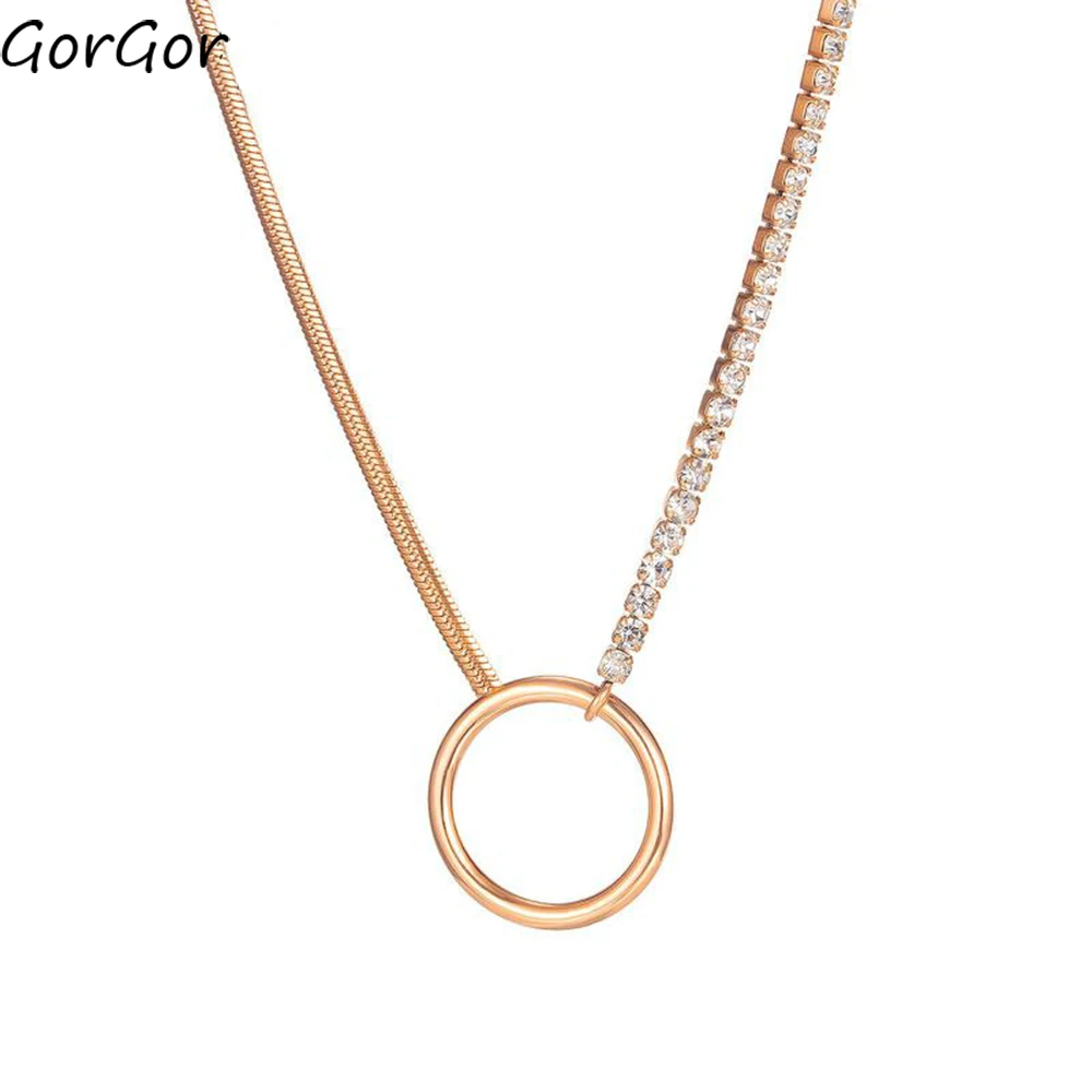 

GorGor Necklace Women Stainless Steel Pattern Round Pendant Chain Cubic Zirconia Simplicity Temperament Fashion Jewelry TX-1756