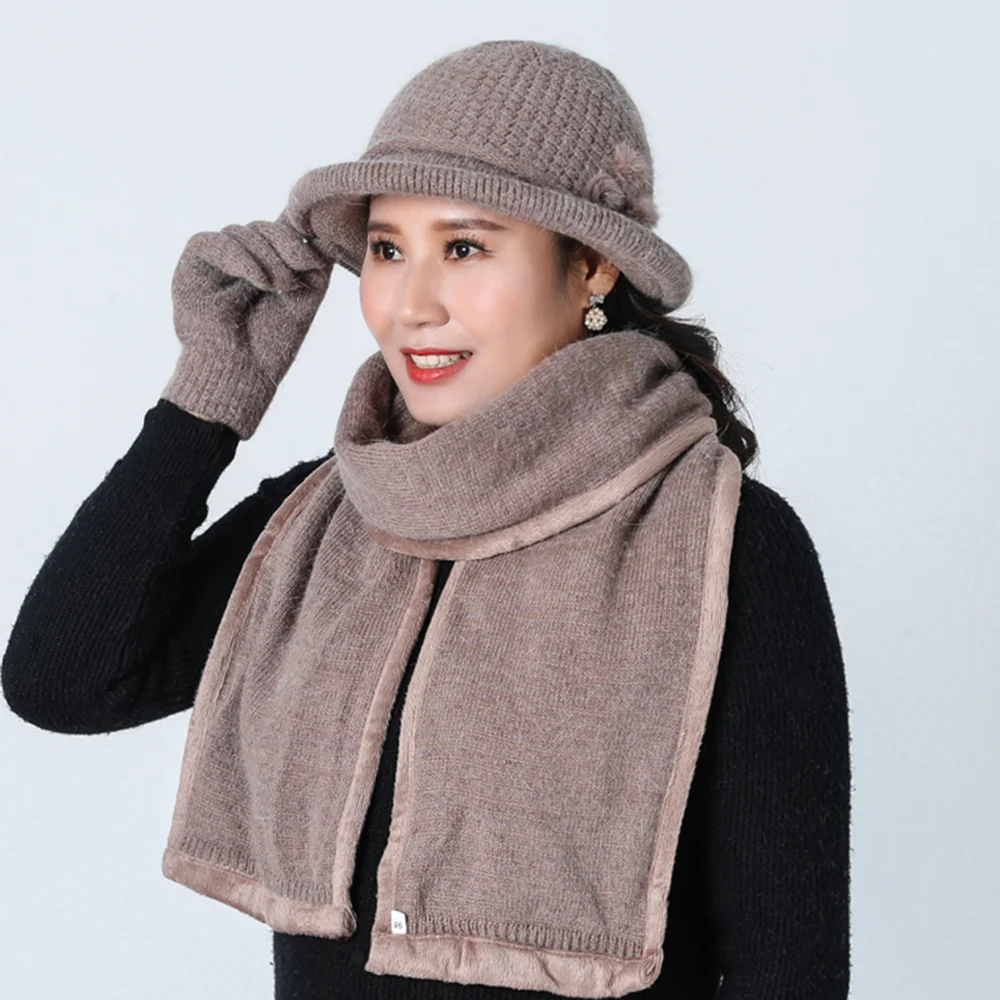 

Rabbit Fur Knitted Wool Beanie Hat Middle Aged Women's Winter for the Elderly Mother Women's Hat Scarf gloves Three-piece suit