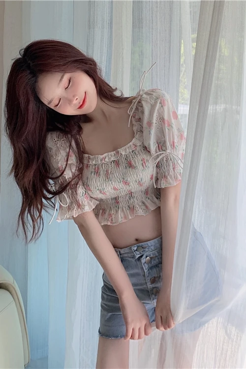 

COIGARSAM French Style Print blouse women New Embroidery Hollow Out blusas womens tops and blouses Sweet Floral 5823