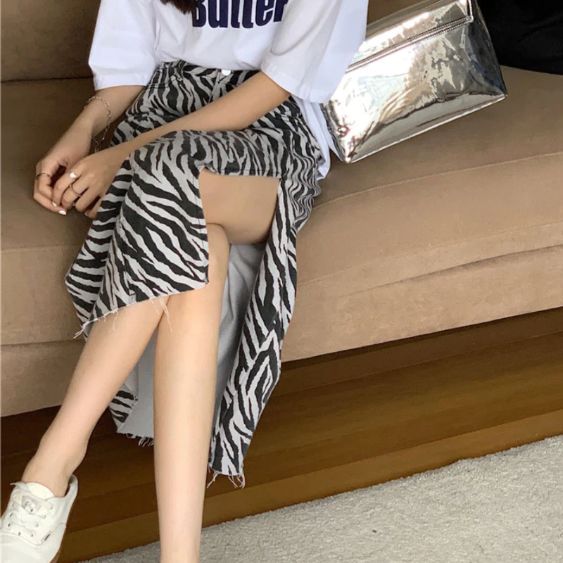 

JMPRS Fashion Zebra Striped Women Long Skirt Sexy Split High Waist Plus Size A Line Ladies Midi Skirt Streetwear Mujer Faldas