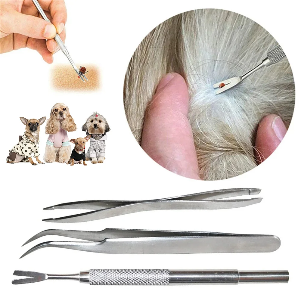

3PCS Silver Stainless Steel Pet Dog Treament Fleas Lice Fork Tweezers With Double Sided Head Lice Comb Grooming Tools