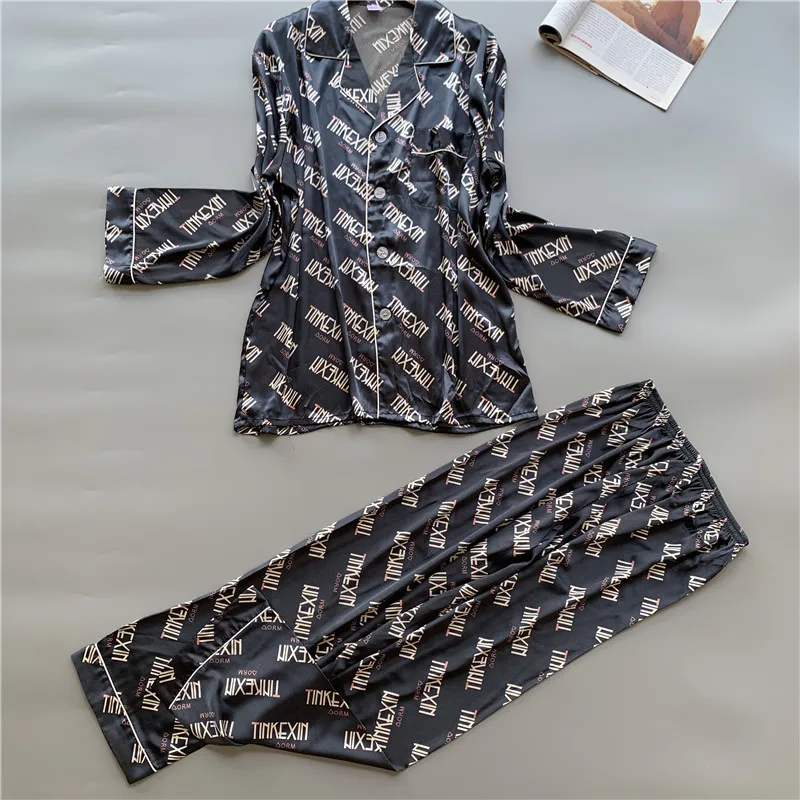 

Pajamas Female Men's Silk Printed Pajamas Summer Imitation Silk Suit Cardigan Long-sleeved Trousers Home Clothes