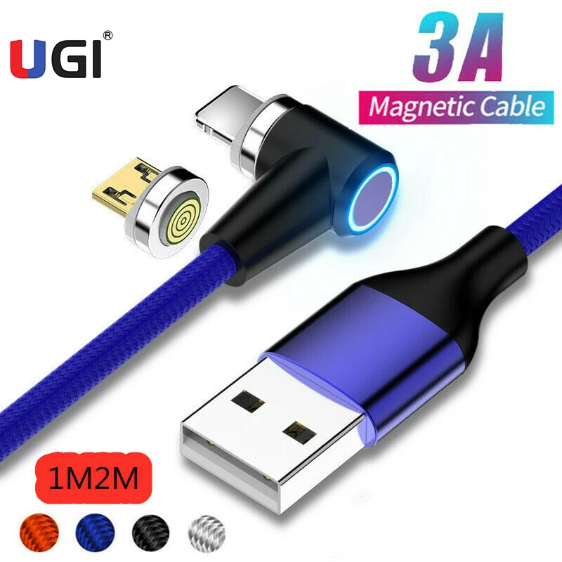 

UGI 1M 2M 90 Degree Magnetic Cable 3A Fast Charging Charge Micro USB Type C USB C For IOS Tablet Data Sync Transfer L Shape