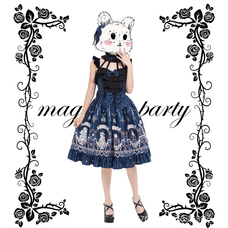 Готическое винтажное платье «Сладкая Лолита» с милым бантом на шее, принтом принцессы викторианского стиля, кавайной девочки готического JSK Loli Cos.