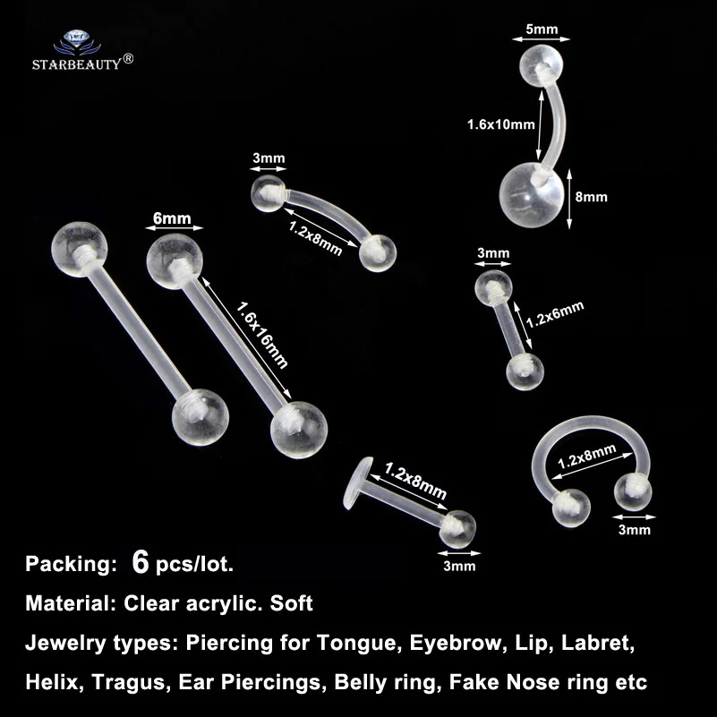 6 шт. прозрачные Поддельные кольца для носа пирсинг языка Мягкие акриловые губ