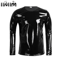 iiniim black mens patent leather latex long sleeve zipper t shirt nightclub metallic shiny hip hop pullover t shirt costume top