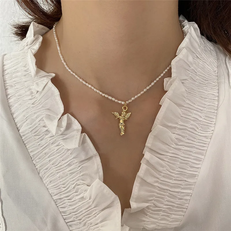 RUIYI Real 925 Sterling Silver Women Fashion 18K Gold Angel Charm Pearl Chain Chokers Girls Stylish Clavicalis Niche Necklaces | Украшения