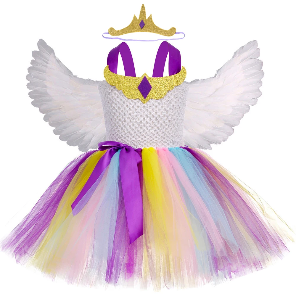 

Princess Celestie Cosplay Tutu Dress for Girls New Year Costume for Kids Girl Unicorns Dresses with Angel Wings Children Clothes