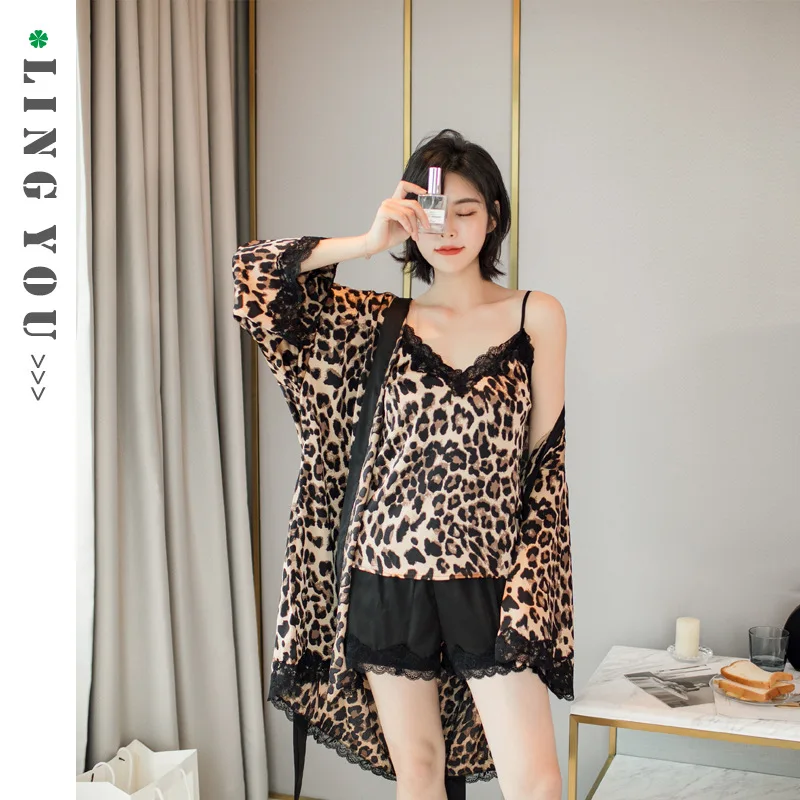 

Lace Summer Pajamas Women Nightwear Pajama Set Leopard Pants 3 Piece Pajama Set Women Sleepwear Women Shorts Sexy Sleepwear
