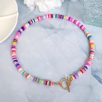 boho colorful soft polymer clay pearl beaded choker necklace for women handmade beads chain ot buckle metal necklace jewelry