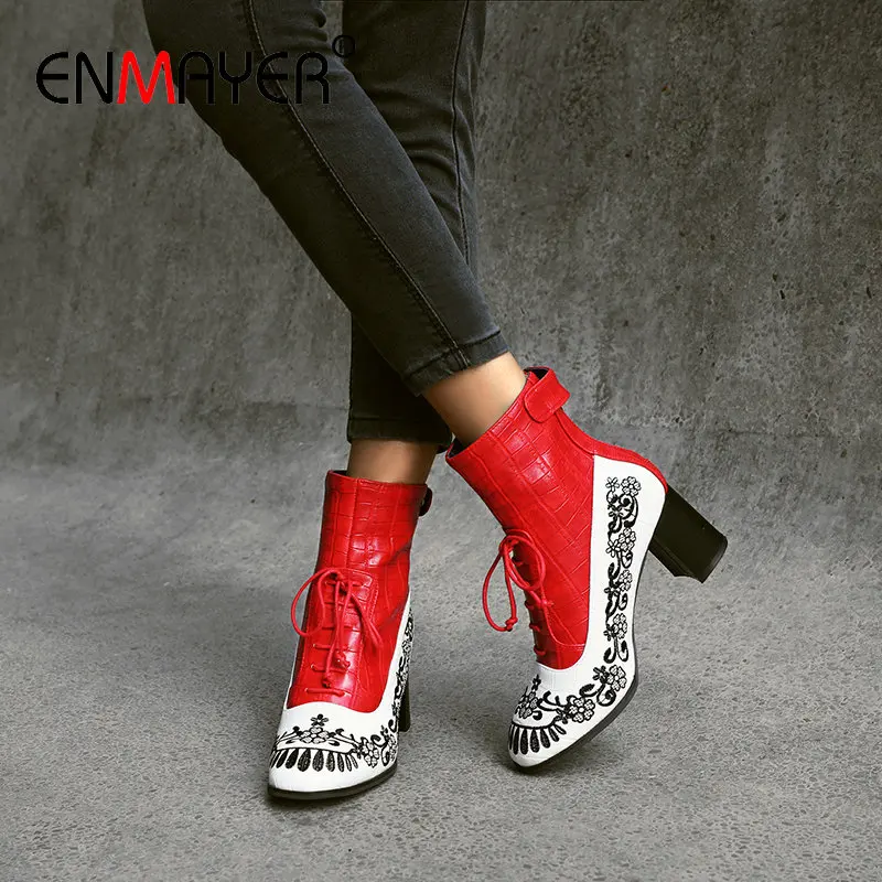 

ENMAYER Winter Women ShoesSquare Heel Ankle Boots Lace-Up PU Mixed Colors Fashion Pointed Toe Thigh High BootsSize 34-43