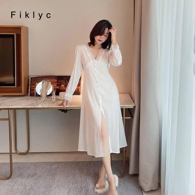 

Fiklyc Full Sleeve Spring New Women Sexy V Neck High Split Buttons Decoration Ice Silk Sleepwear Nightgowns Satin Fashion Lounge