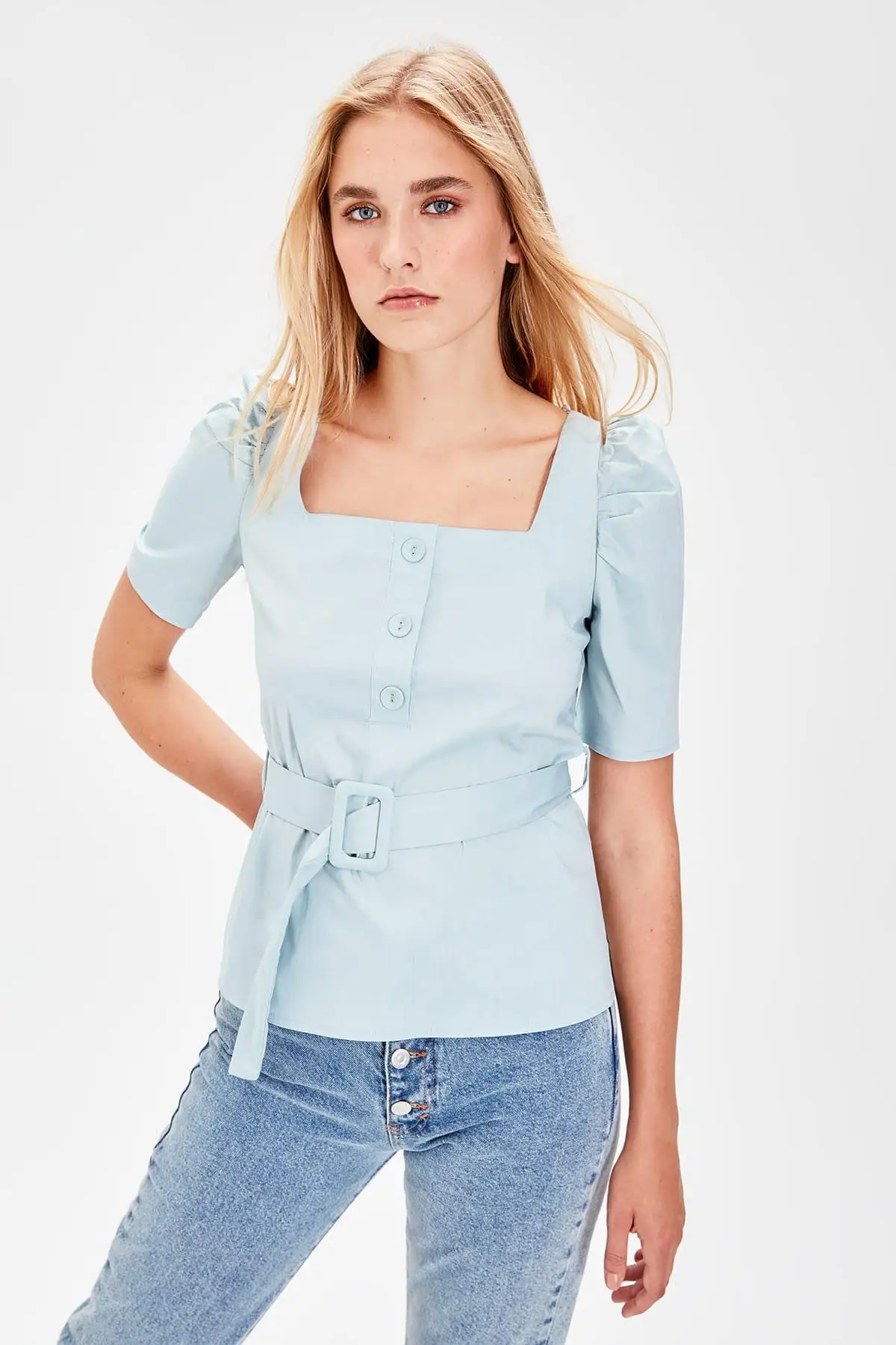 Trendyol Mavi Кнопка деталь Bluz TWOAW20BZ0133