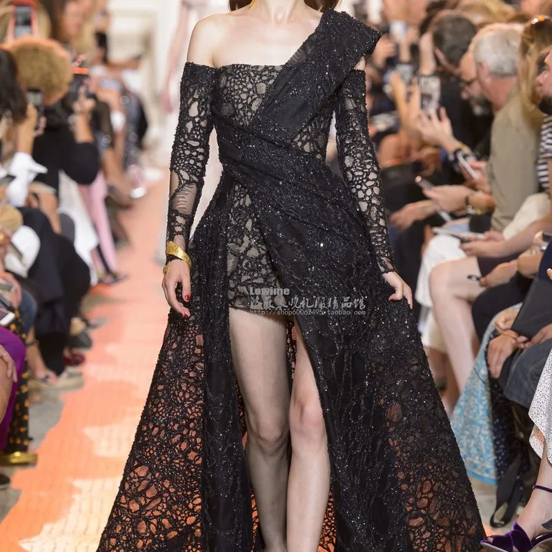 2020 Европейское и американское модное платье черное кружевное Элегантное