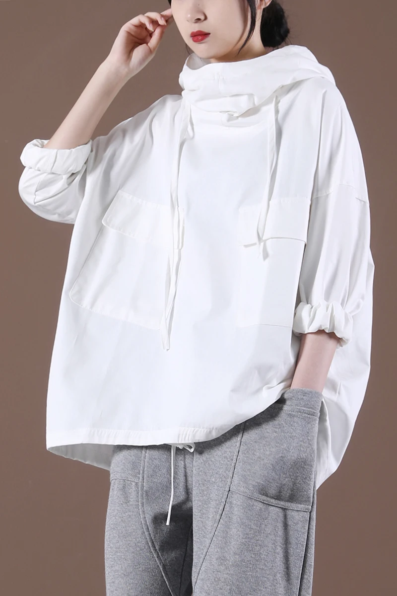 

IEQJ 2021 New Summer Hoodies Drawstring Pullover Batwing Styles Pullover Loose Big Size Sweatshirt Female Top Maxi WR353
