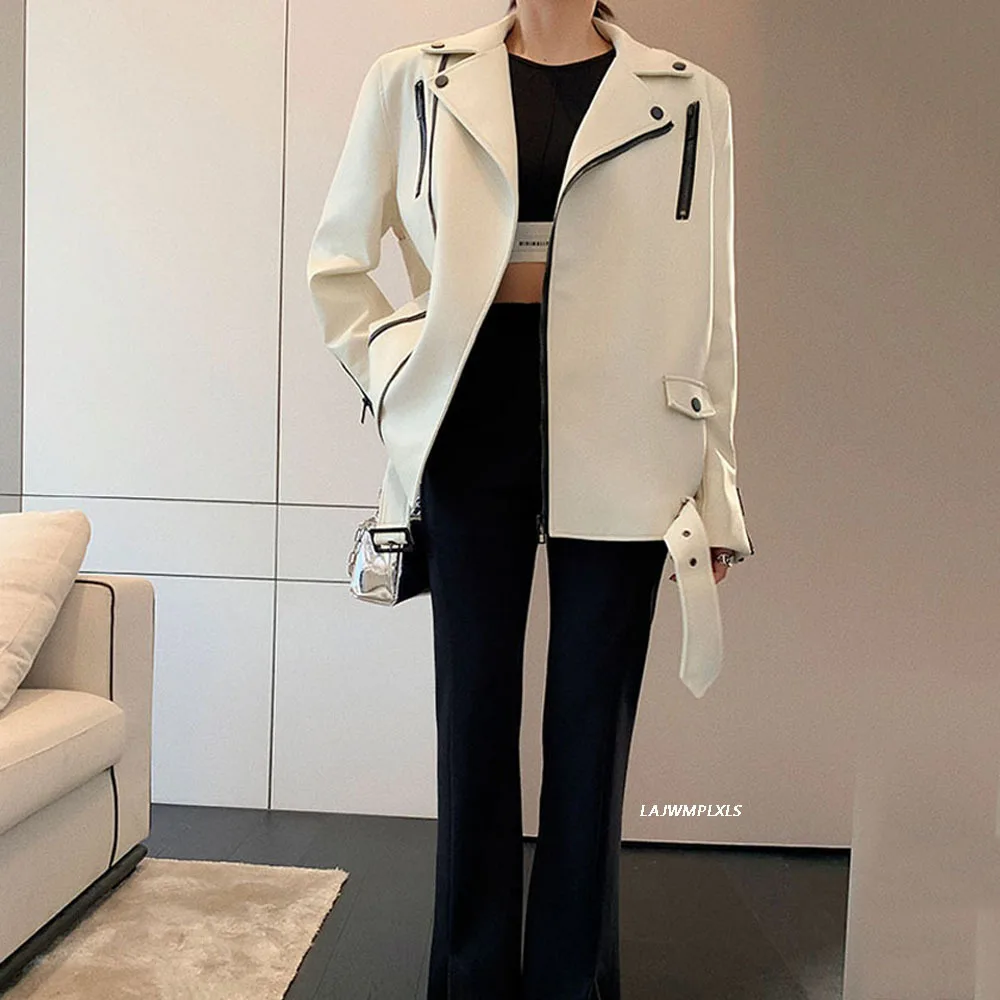 

Spring Autumn Pu Zipper White Jackets Motorcycle Pu Leather Jacket For women Coats Clothes Windbreaker Clothing Outerwear