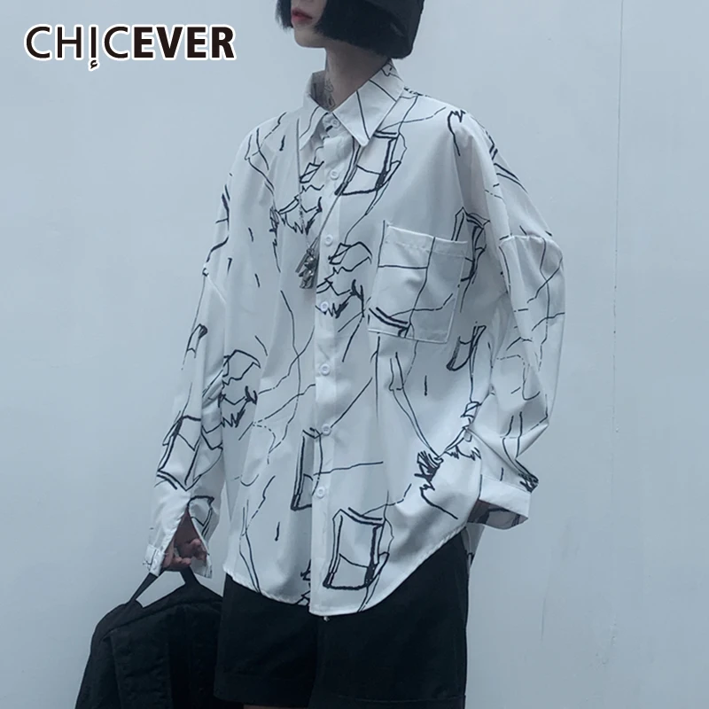 

Женская рубашка с отложным воротником CHICEVER, свободная рубашка с длинным рукавом и принтом, однобортная блузка, новинка 2021