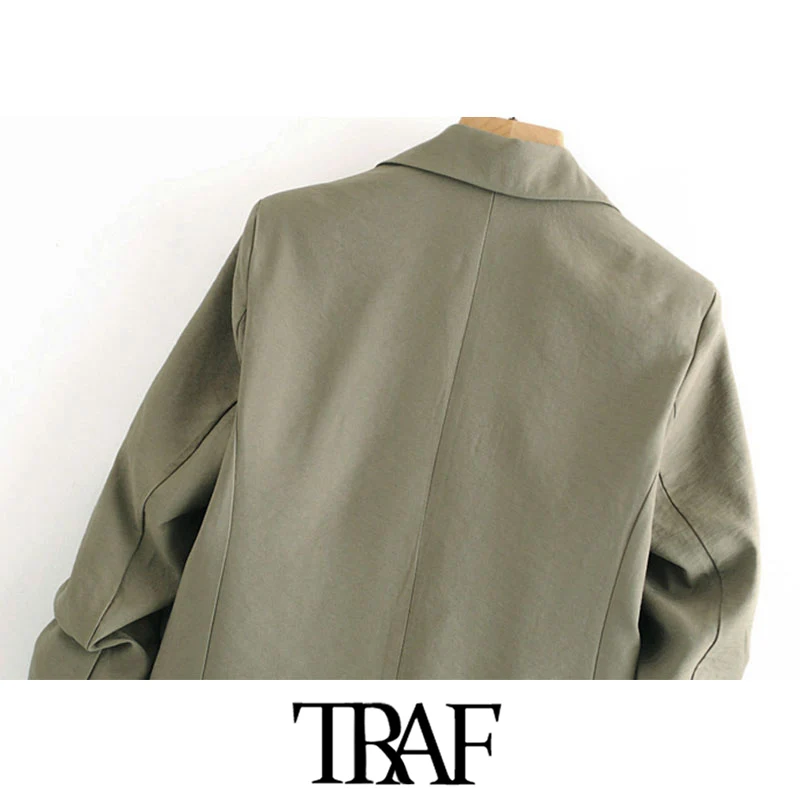 

TRAF Women Fashion Office Wear Open Stitch Blazers Coat Vintage Long Sleeve Pockets Female Outerwear Chic Tops