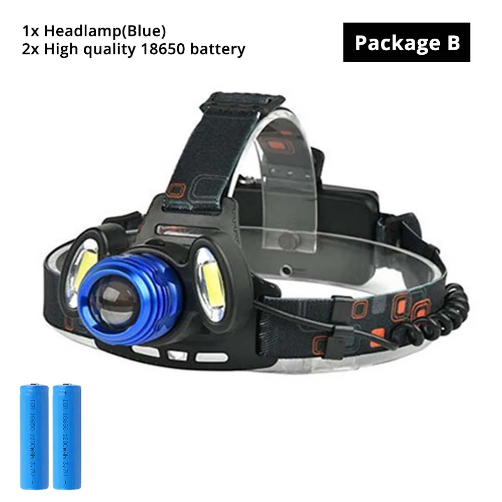 PackageB(blue) Супер яркий светодиодный налобный фонарь T6+ COB светодиодный налобный фонарь 4 режима освещения масштабируемый для рыбалки, ночной езды, кемпинга, приключений и т. д - Испускаемый цвет: PackageB(blue)