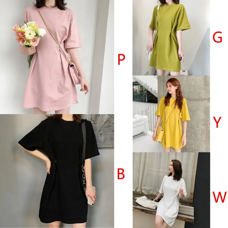 

Summer Women Casual Round Neck Short Sleeves Dresses Simple Chic Waist Design Solid Color Dress Drop