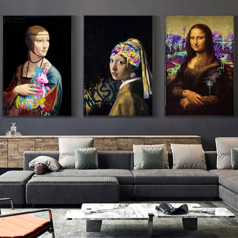 

Famous Mona Lisa Pearl Earring Girl Funny Art Canvas Painings Vintage Graffiti Art Posters and Print Wall Picture for Home Decor