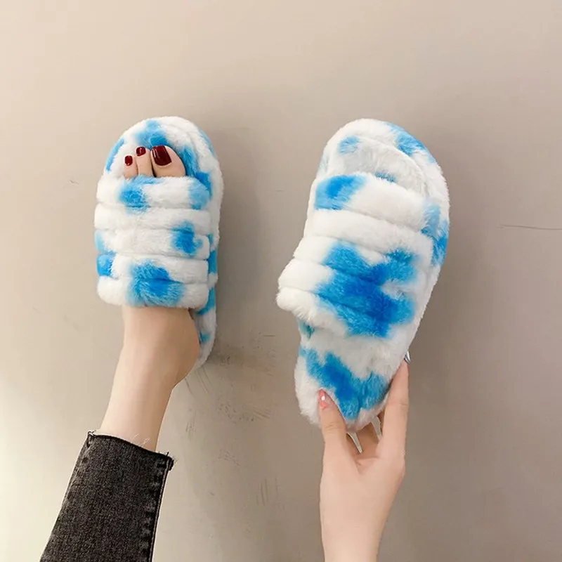 

2021 Women Flat Plush House Slippers Furry Slippers Women's Cute Home Indoor Platform Slides Shoes Plus Size Zapatillas Mujer