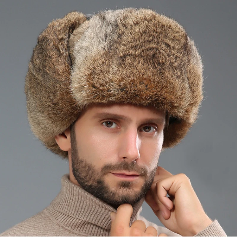 Thick Warm Bomber Hat Men Real Rabbit Fur Earflap Trapper Outdoor Russian Cap Male Plus Size Winter Hats Ski Russian Hat