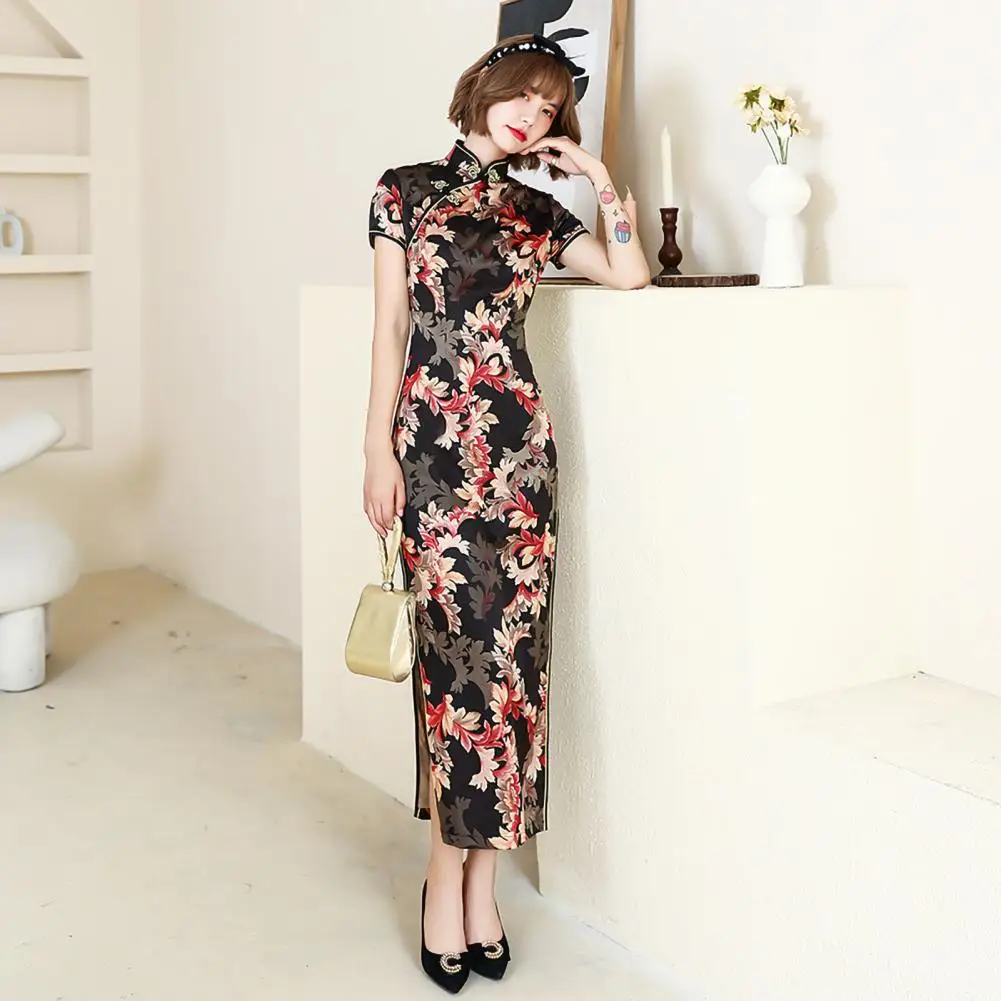 

Hot Sales!!! Women Cheongsam Floral Print Slim Short Sleeve Splits Midi Dress for Party Wholesale Dropshipping New Arrival