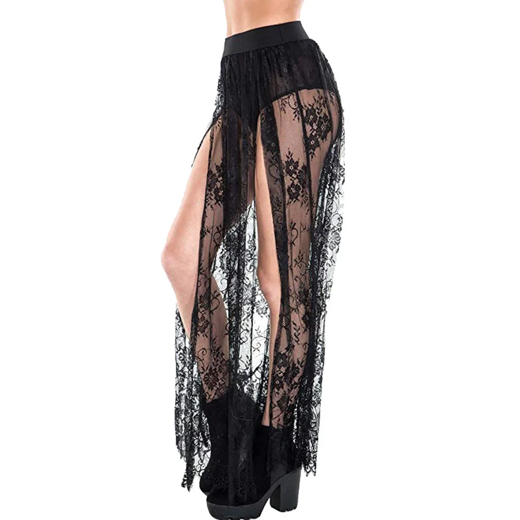 Женская юбка с эластичным поясом длинная прозрачная сетчатая макси Боковым