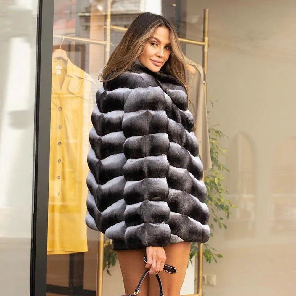 Women's Real Rex Rabbit Fur Jacket Stand Collar Winter Fashion Natural Chinchilla Color Genuine Rex Rabbit Fur Coats Female 2022 enlarge