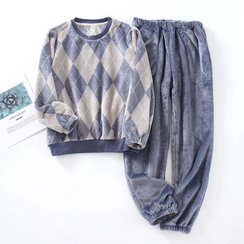 New autumn and winter couples flannel pajamas long-sleeved trousers 2-piece set of men's and women's home service suit thickened