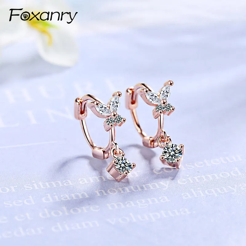 

Foxanry Prevent Allergy 925 Stamp Butterfly Earrings Charm Women Jewelry Creative Crystal Earring Wedding Accessories