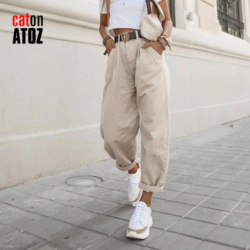 

2022 catonATOZ 2248 Khaki Female Cargo Pants High Waist Harem Loose Jeans Plus Size Trousers Woman Casual Streetwear Mom Jeans