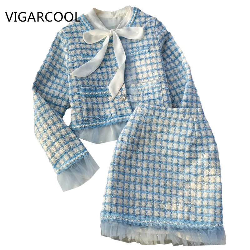 

French high-quality elegant Suit Women's net yarn stitching tweed short Coat high-waist Skirt bowknot shirt three-piece Female