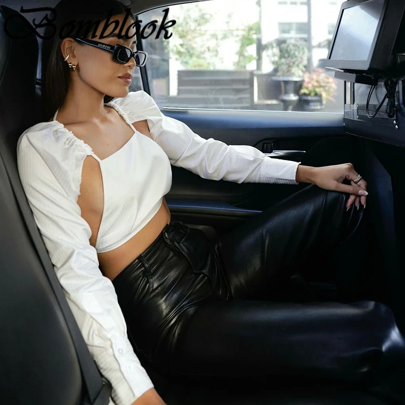 

Bomblook Casual Fashion Women's Solid Tops Autumn 2021 O-neck Patchwork Drawstring Lace Up Backless Crop Tops Female Streetwears