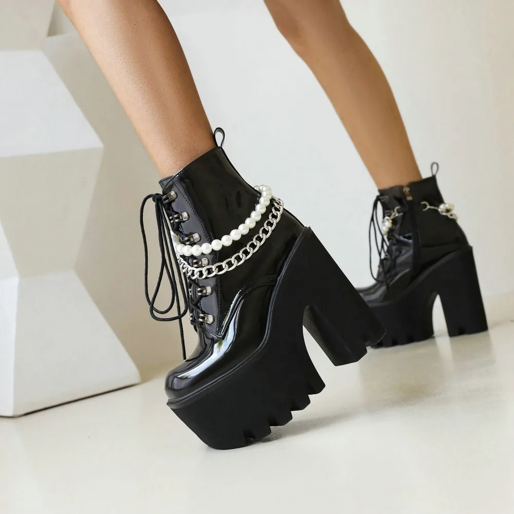 Gothic Black Ankle Motorcycle Boots Girls Autumn Winter 2021 Detachable Bead Chain PU Leather Wedges Dress Chunky Platfprm Shoes