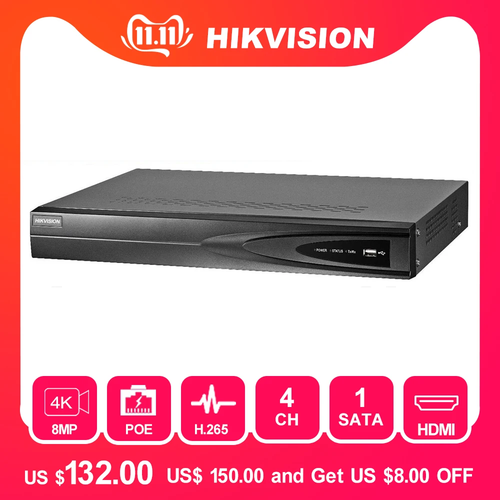 Hikvision 4CH PoE NVR DS-7604NI-K1/4 P 4-канальный встроенный Plug Play 4K NVR с 4 PoE портами для ip-камеры системы видеонаблюдения