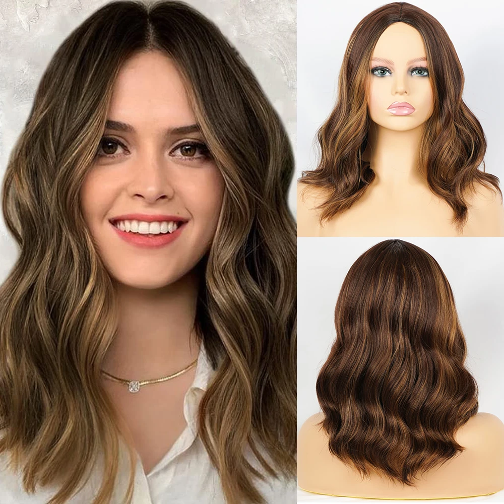 

Medium Brown Bob Wavy Synthetic Wigs 14 Inch Blonde Highlight Body Wave Daily Cosplay Wig for Women Daily Heat Resistant Fiber
