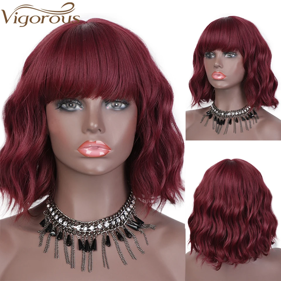 Энергичный винно красный боб парик с челкой короткие волнистые синтетические