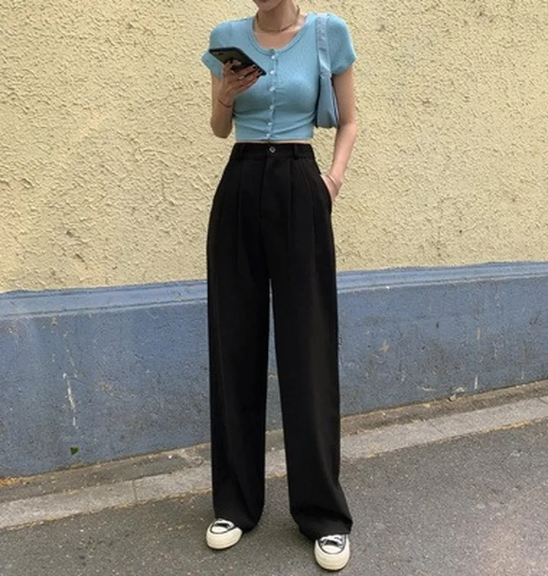 

Women Loose Straight Pants 2021 Spring Summer Solid Casual High Waist Elegant Suit Pants Female Long Trousers Mujer Pantalon New