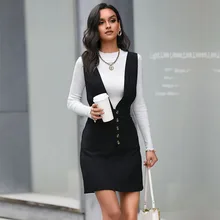 Vestidos informales para mujer, ropa de Color puro con cuello en V, sin mangas, de cintura alta, a la moda (3)