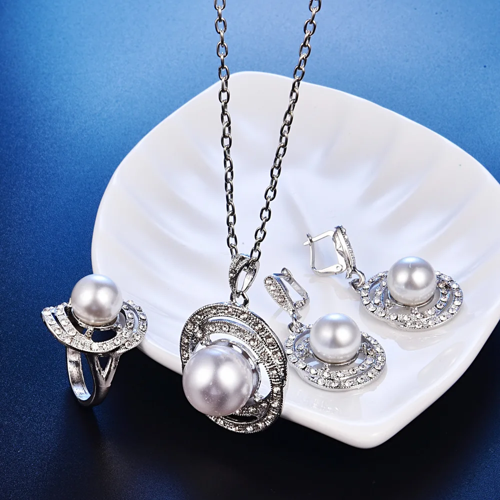 TSHOU153 Серебро Жемчужное ожерелье серьги кольцо три Набор для вышивки крестом