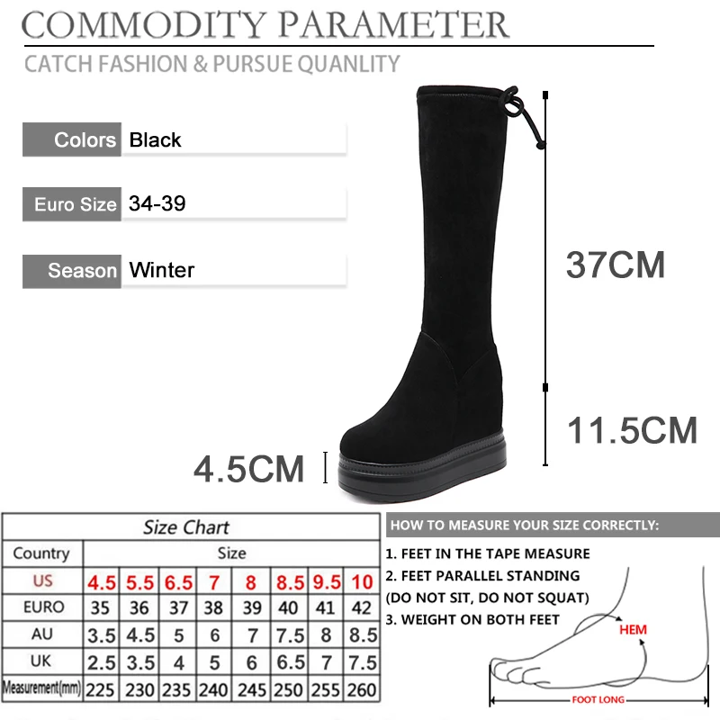 

BYQDY Platform Knee High Boots Winter Women Thick Bottom Wedge Heels Shoes Woman Solid Black Flock Lace Up Thigh High Boots