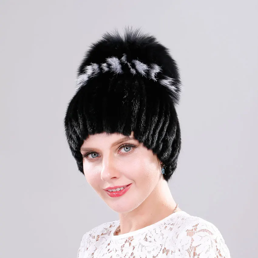 ICYMI Women's Elastic Knitted Hats Real Mink Fur Beanies with Fox Pom handmade Winter Cap Russian Hat for Women | Аксессуары для