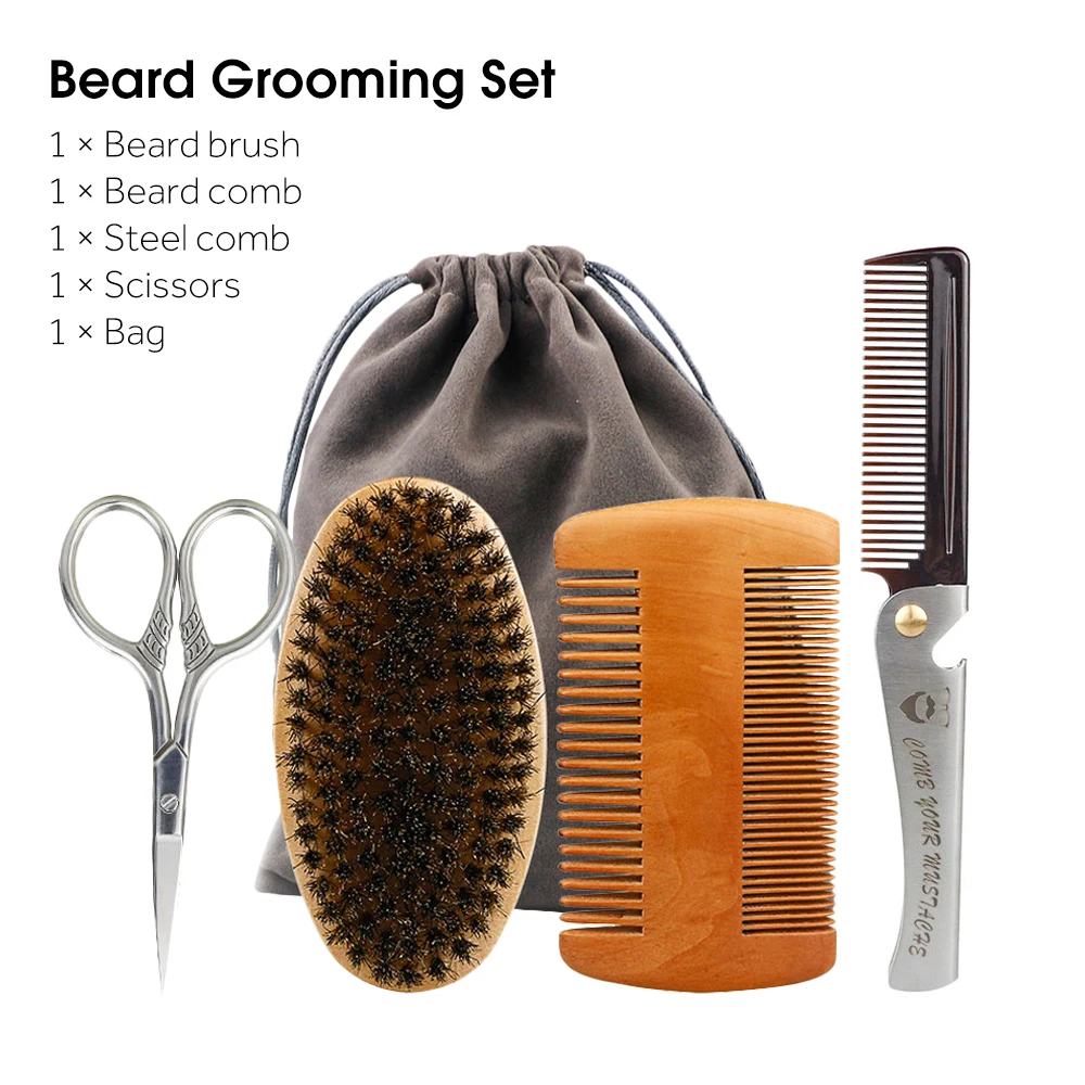

Natural Boar Bristle Wood Beard Brush Hairdresser Shaving Brush Men Mustache Comb With Gift Bag Beard Cleaning Hair Comb Set