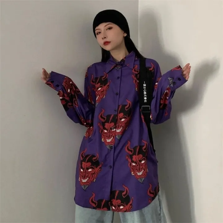 

Рубашка в стиле хип-хоп унисекс, уличная одежда, Рубашка в стиле Харадзюку С аниме головой демона, лето 2021, y2K, тонкий розовый топ с коротким р...