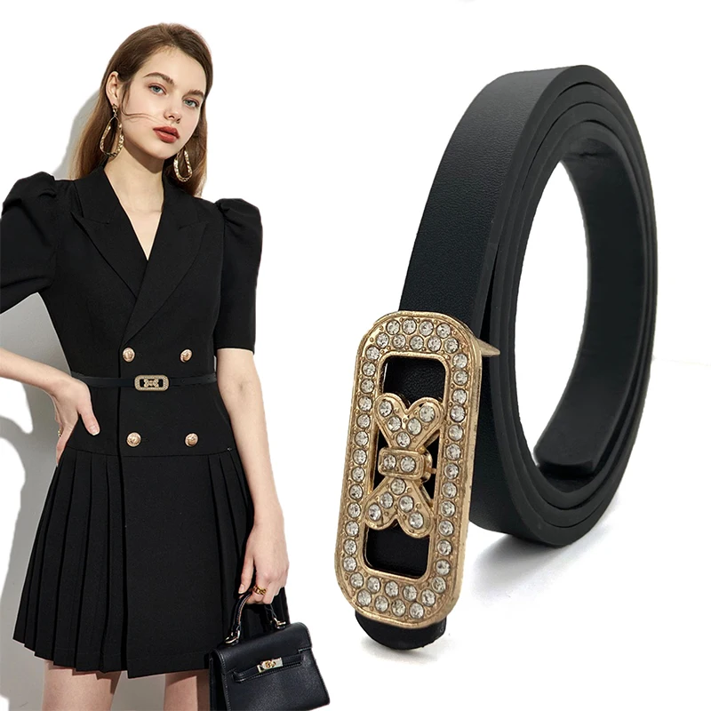 

Женский тонкий ремень с пряжкой-бабочкой, украшенный стразами, женский ремень высокого качества из искусственной кожи, Роскошный дизайнерс...