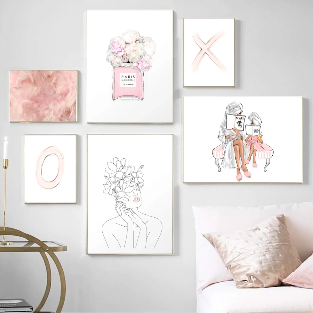 

Perfume Wall Art Feather Posters and Prints Beauty Vogue Mom and Daughter XO Print Watercolor Flower Pictures Bedroom Decoration