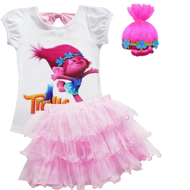 Toddler Girls Summer Casual Poppy Skirt Cartoon Troll's Vampire Vestidos Wig Legging Baby Girls Clothes Dress For Kids Costume