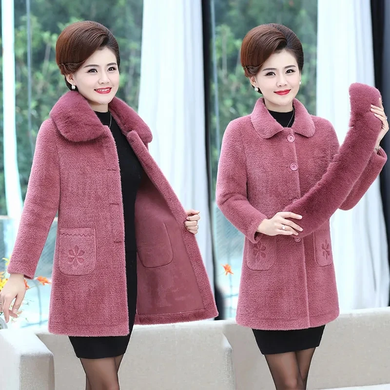 

Mother Winter Coat 2021New Mid-length Imitation Mink Velvet Wool Coat Middle Aged Women Gold Mink Woolen Outwear With Fur Collar